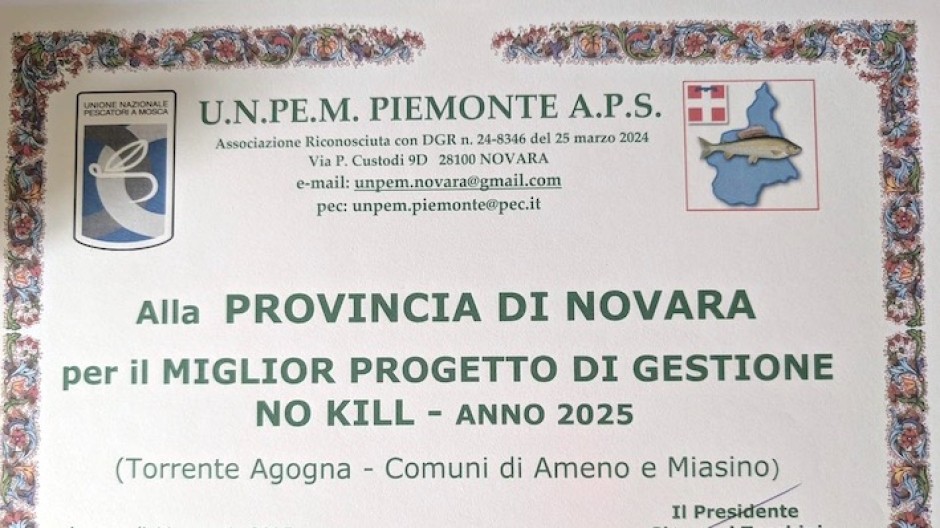 Riconoscimento alla Provincia per la gestione del torrente Agogna ad Ameno e Miasino