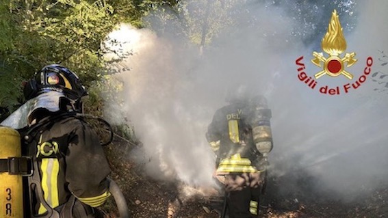 Auto in fiamme in un'area boschiva: intervengono i vigili del fuoco