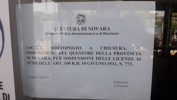 Arona, locale chiuso temporaneamente dalla Questura 