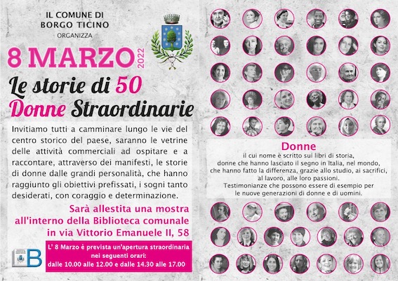 Borgo Ticino, iniziativa “8 marzo 2022: le storie di 50 donne straordinarie” 