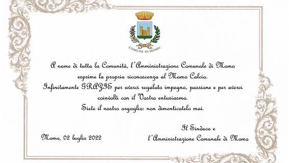 Targa di ringraziamento al Momo Calcio