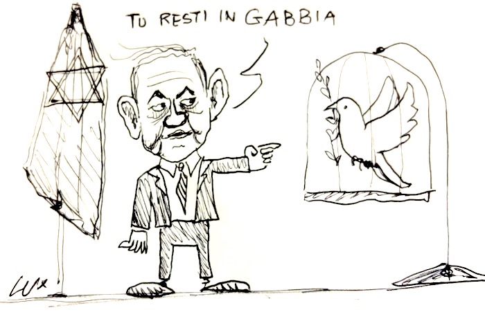 La pace, la guerra, la colomba, Netanyahu: la vignetta dell'architetto Carlo Lux