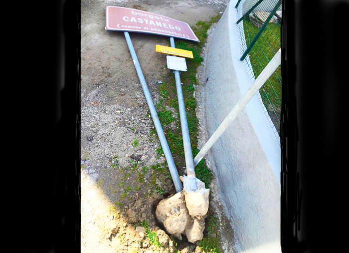 Forti raffiche di vento nella notte in Ossola, divelto un cartello a Domo