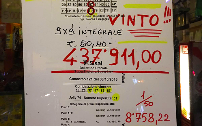 Vinti 437 mila euro al Superenalotto alla ricevitoria di Crevola. I “soci” del sistemone sono 50