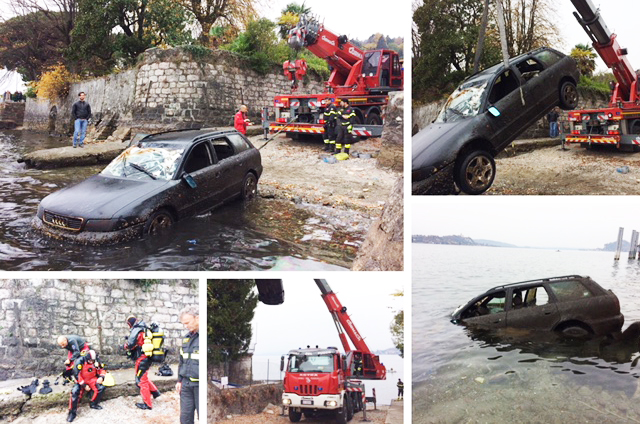 Auto rubata ritrovata nel Lago Maggiore, recuperata dai Vigili del fuoco. Fotogallery