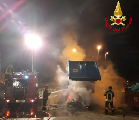 Compattatore di cartone in fiamme al centro commerciale