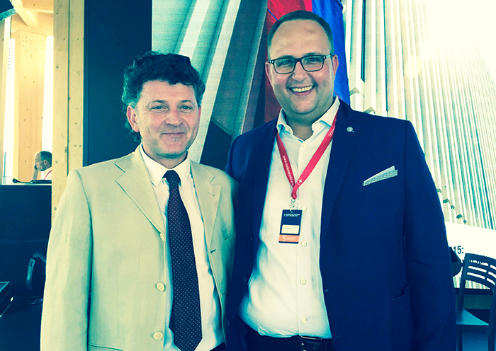 Costa con il presidente del Ticino Norman Gobbi al padiglione svizzero ad Expo