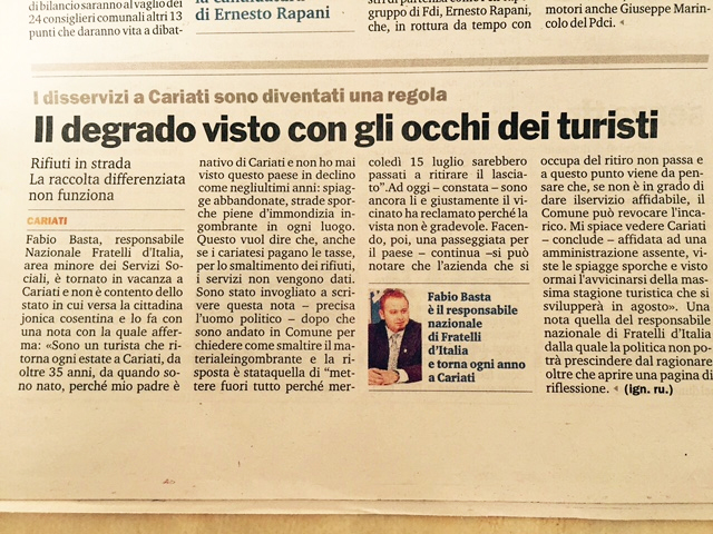 Fabio Basta intervistato come turista dalla Gazzetta del Sud spara contro degrado ed ecomafia