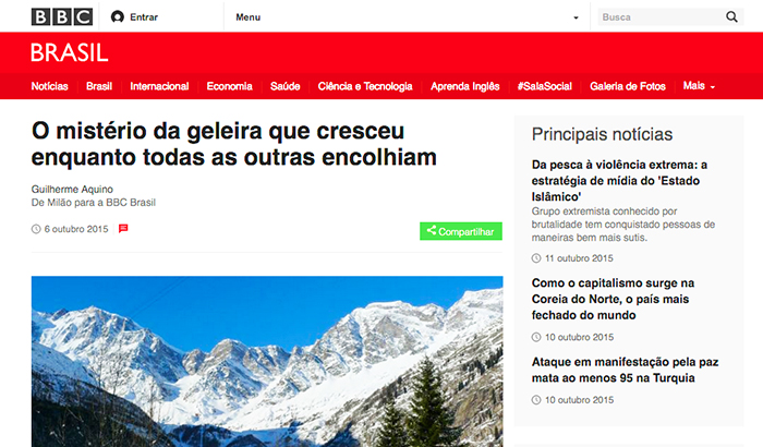 Il ghiacciaio del Belvedere sui media brasiliani